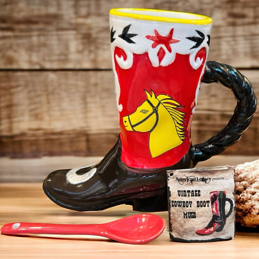 American Legacy vintage cowboy boot mug with spoon
